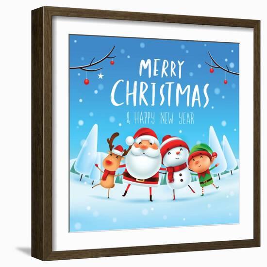 Merry Christmas! Happy Christmas Companions. Santa Claus, Snowman, Reindeer and Elf in Christmas Sn-ori-artiste-Framed Art Print