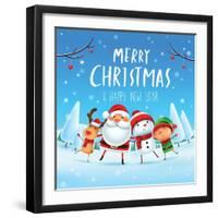 Merry Christmas! Happy Christmas Companions. Santa Claus, Snowman, Reindeer and Elf in Christmas Sn-ori-artiste-Framed Art Print