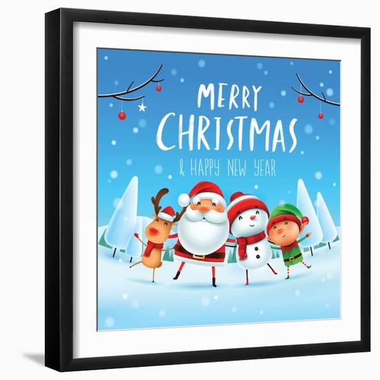 Merry Christmas! Happy Christmas Companions. Santa Claus, Snowman, Reindeer and Elf in Christmas Sn-ori-artiste-Framed Art Print