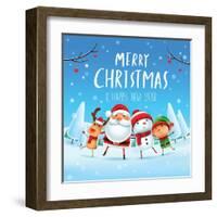 Merry Christmas! Happy Christmas Companions. Santa Claus, Snowman, Reindeer and Elf in Christmas Sn-ori-artiste-Framed Art Print