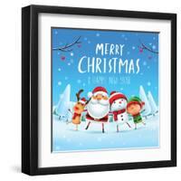 Merry Christmas! Happy Christmas Companions. Santa Claus, Snowman, Reindeer and Elf in Christmas Sn-ori-artiste-Framed Art Print