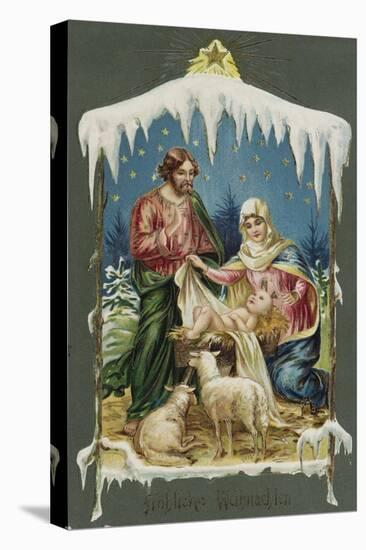 Merry Christmas Postcard with Nativity Scene-null-Stretched Canvas