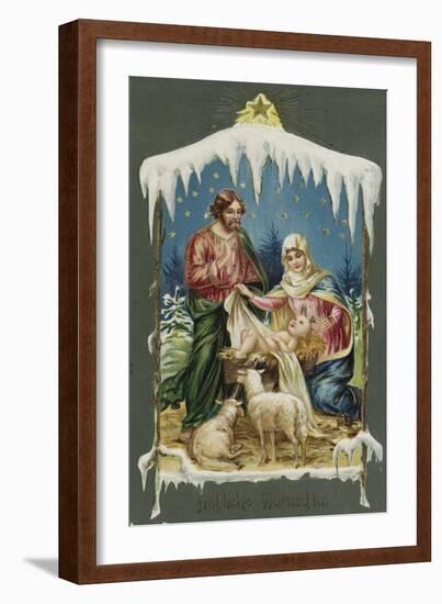 Merry Christmas Postcard with Nativity Scene-null-Framed Giclee Print