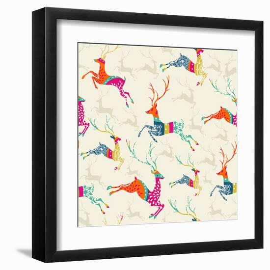 Merry Christmas Reindeer Pattern-cienpies-Framed Art Print