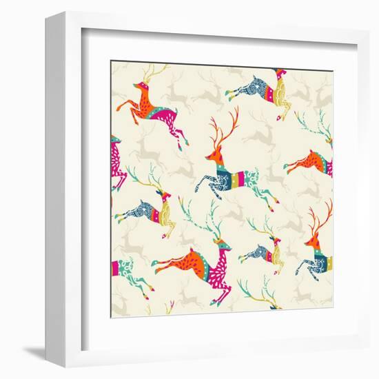 Merry Christmas Reindeer Pattern-cienpies-Framed Art Print