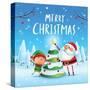 Merry Christmas! Santa Claus and Elf Decorate the Christmas Tree in Christmas Snow Scene. Winter La-ori-artiste-Stretched Canvas