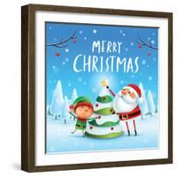 Merry Christmas! Santa Claus and Elf Decorate the Christmas Tree in Christmas Snow Scene. Winter La-ori-artiste-Framed Art Print