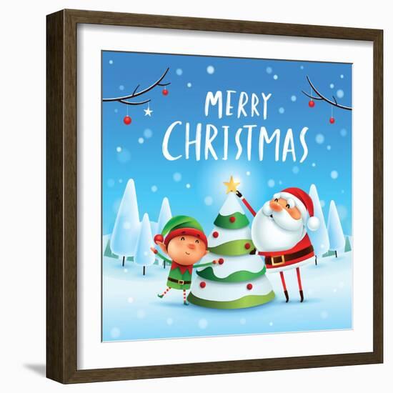 Merry Christmas! Santa Claus and Elf Decorate the Christmas Tree in Christmas Snow Scene. Winter La-ori-artiste-Framed Art Print