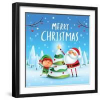 Merry Christmas! Santa Claus and Elf Decorate the Christmas Tree in Christmas Snow Scene. Winter La-ori-artiste-Framed Art Print