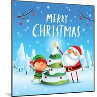 Merry Christmas! Santa Claus and Elf Decorate the Christmas Tree in Christmas Snow Scene. Winter La-ori-artiste-Mounted Art Print