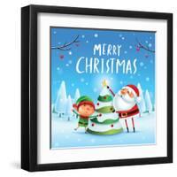 Merry Christmas! Santa Claus and Elf Decorate the Christmas Tree in Christmas Snow Scene. Winter La-ori-artiste-Framed Art Print