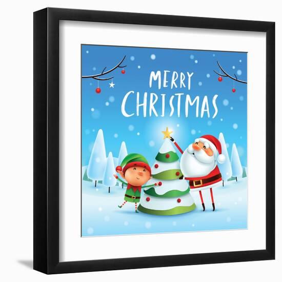 Merry Christmas! Santa Claus and Elf Decorate the Christmas Tree in Christmas Snow Scene. Winter La-ori-artiste-Framed Art Print