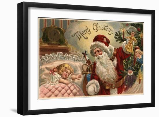 Merry Christmas - Santa Holding Doll, Sleeping Girl-Lantern Press-Framed Art Print