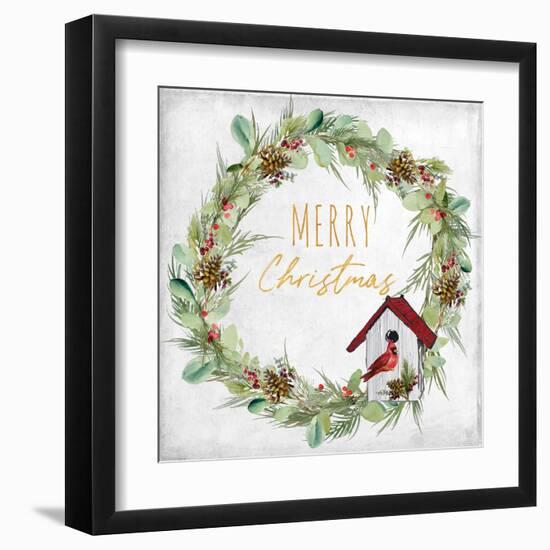 Merry Christmas Wreath and Bird House-Lanie Loreth-Framed Art Print