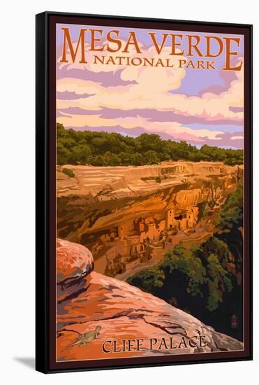 Mesa Verde National Park, Colorado - Cliff Palace at Sunset-Lantern Press-Framed Stretched Canvas