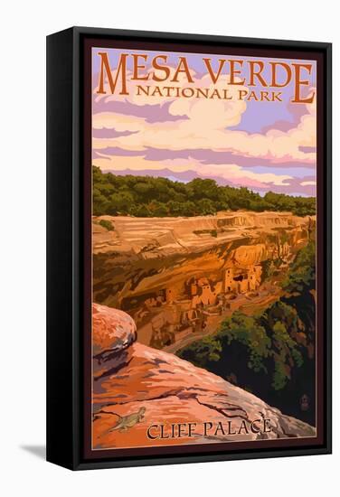 Mesa Verde National Park, Colorado - Cliff Palace at Sunset-Lantern Press-Framed Stretched Canvas