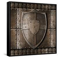Metal Shield Over Armour Background With Rivets-Andrey_Kuzmin-Framed Stretched Canvas