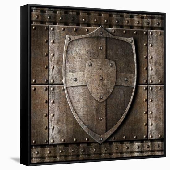 Metal Shield Over Armour Background With Rivets-Andrey_Kuzmin-Framed Stretched Canvas