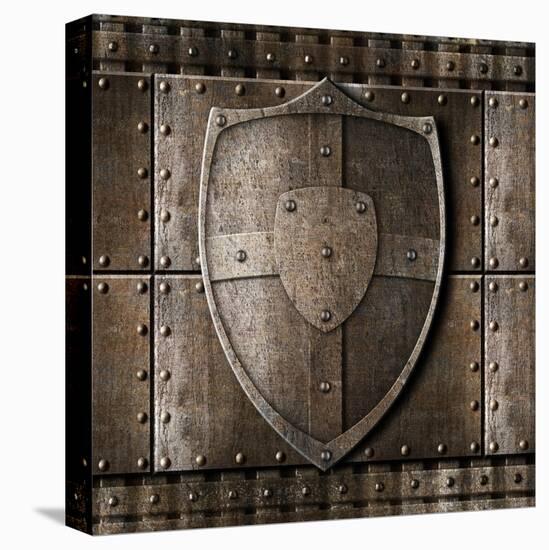 Metal Shield Over Armour Background With Rivets-Andrey_Kuzmin-Stretched Canvas