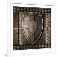 Metal Shield Over Armour Background With Rivets-Andrey_Kuzmin-Framed Art Print