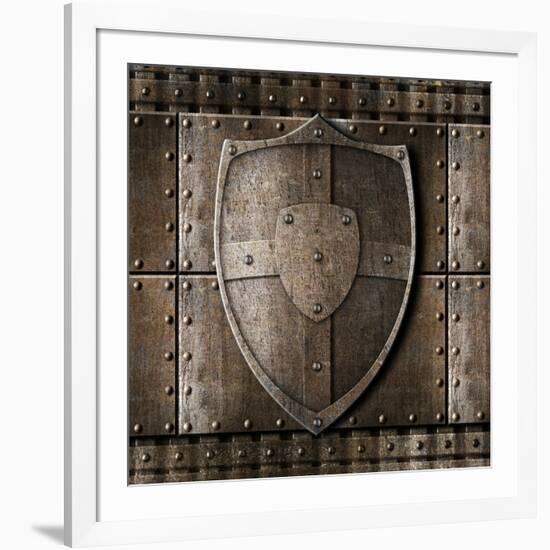 Metal Shield Over Armour Background With Rivets-Andrey_Kuzmin-Framed Art Print