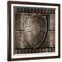 Metal Shield Over Armour Background With Rivets-Andrey_Kuzmin-Framed Art Print