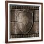 Metal Shield Over Armour Background With Rivets-Andrey_Kuzmin-Framed Art Print