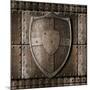 Metal Shield Over Armour Background With Rivets-Andrey_Kuzmin-Mounted Art Print