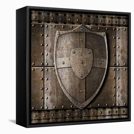 Metal Shield Over Armour Background With Rivets-Andrey_Kuzmin-Framed Stretched Canvas