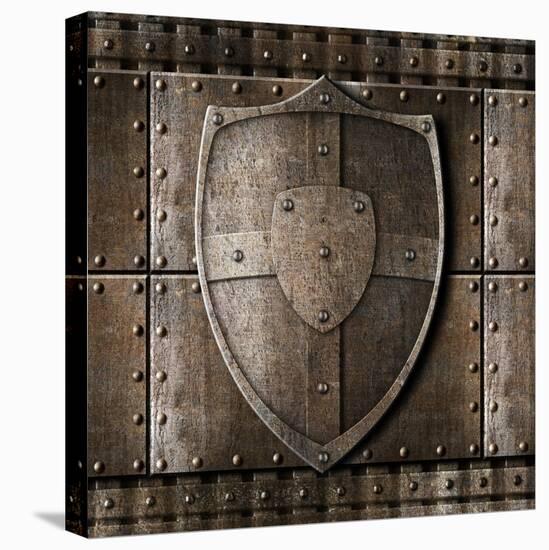 Metal Shield Over Armour Background With Rivets-Andrey_Kuzmin-Stretched Canvas