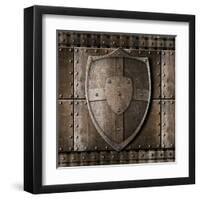 Metal Shield Over Armour Background With Rivets-Andrey_Kuzmin-Framed Art Print