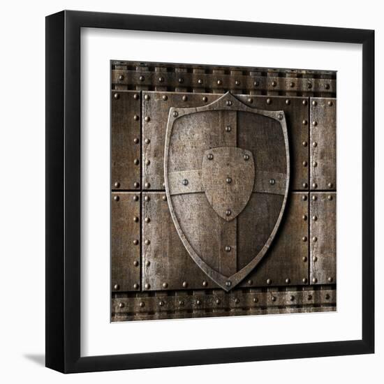 Metal Shield Over Armour Background With Rivets-Andrey_Kuzmin-Framed Art Print