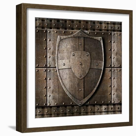 Metal Shield Over Armour Background With Rivets-Andrey_Kuzmin-Framed Art Print