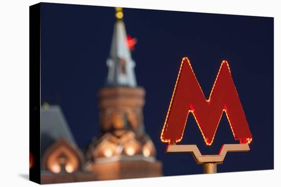 Metro Sign at Okhotny Ryad Station at Night.-Jon Hicks-Stretched Canvas