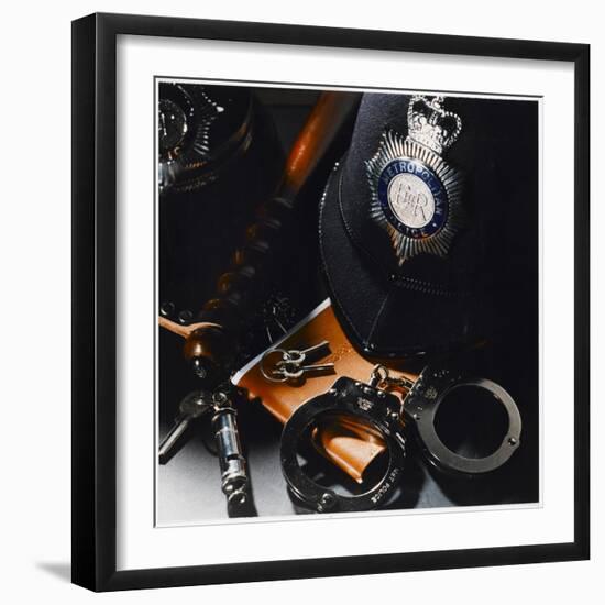 Metropolitan Police Equipment Including a Helmet, Handcuffs, Whistle, Keys and Truncheon-null-Framed Photographic Print