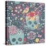 Mexican Concept Background with Flowers, Skulls and Birds-smilewithjul-Stretched Canvas