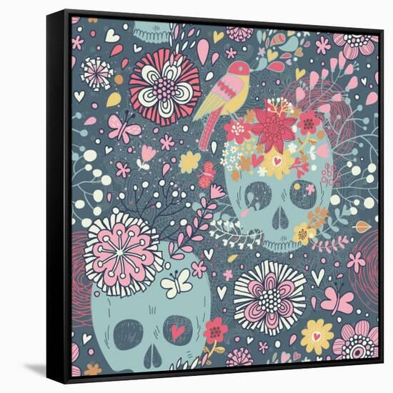 Mexican Concept Background with Flowers, Skulls and Birds-smilewithjul-Framed Stretched Canvas