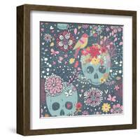 Mexican Concept Background with Flowers, Skulls and Birds-smilewithjul-Framed Art Print