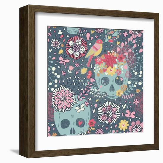 Mexican Concept Background with Flowers, Skulls and Birds-smilewithjul-Framed Art Print