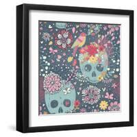 Mexican Concept Background with Flowers, Skulls and Birds-smilewithjul-Framed Art Print