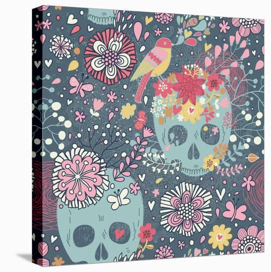 Mexican Concept Background with Flowers, Skulls and Birds-smilewithjul-Stretched Canvas