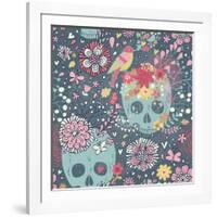 Mexican Concept Background with Flowers, Skulls and Birds-smilewithjul-Framed Art Print