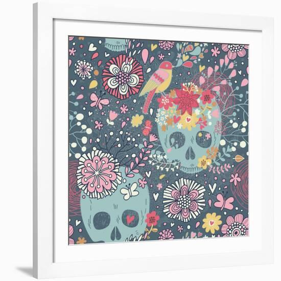 Mexican Concept Background with Flowers, Skulls and Birds-smilewithjul-Framed Art Print