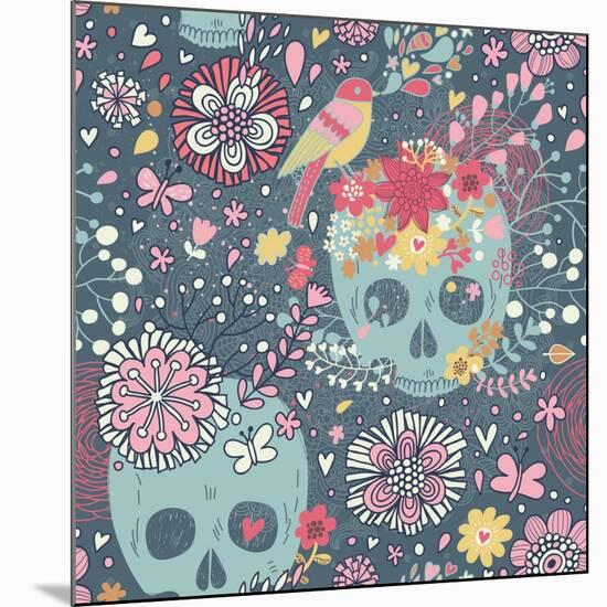 Mexican Concept Background with Flowers, Skulls and Birds-smilewithjul-Mounted Art Print