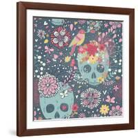 Mexican Concept Background with Flowers, Skulls and Birds-smilewithjul-Framed Art Print