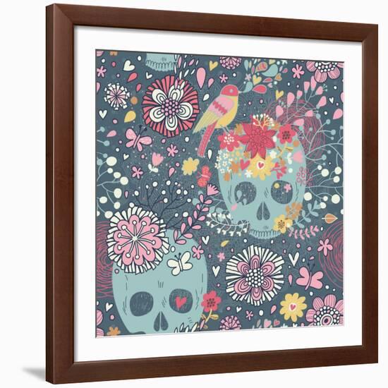 Mexican Concept Background with Flowers, Skulls and Birds-smilewithjul-Framed Art Print