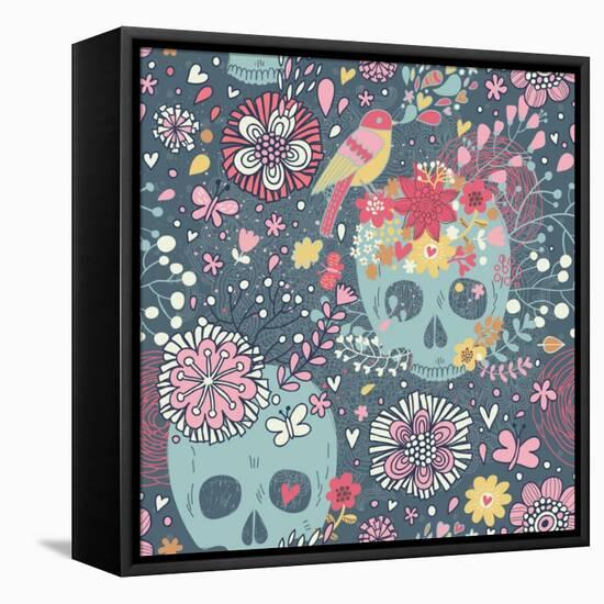 Mexican Concept Background with Flowers, Skulls and Birds-smilewithjul-Framed Stretched Canvas