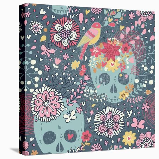 Mexican Concept Background with Flowers, Skulls and Birds-smilewithjul-Stretched Canvas