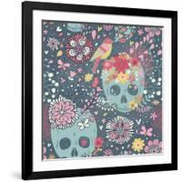 Mexican Concept Background with Flowers, Skulls and Birds-smilewithjul-Framed Art Print