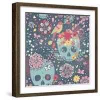 Mexican Concept Background with Flowers, Skulls and Birds-smilewithjul-Framed Art Print